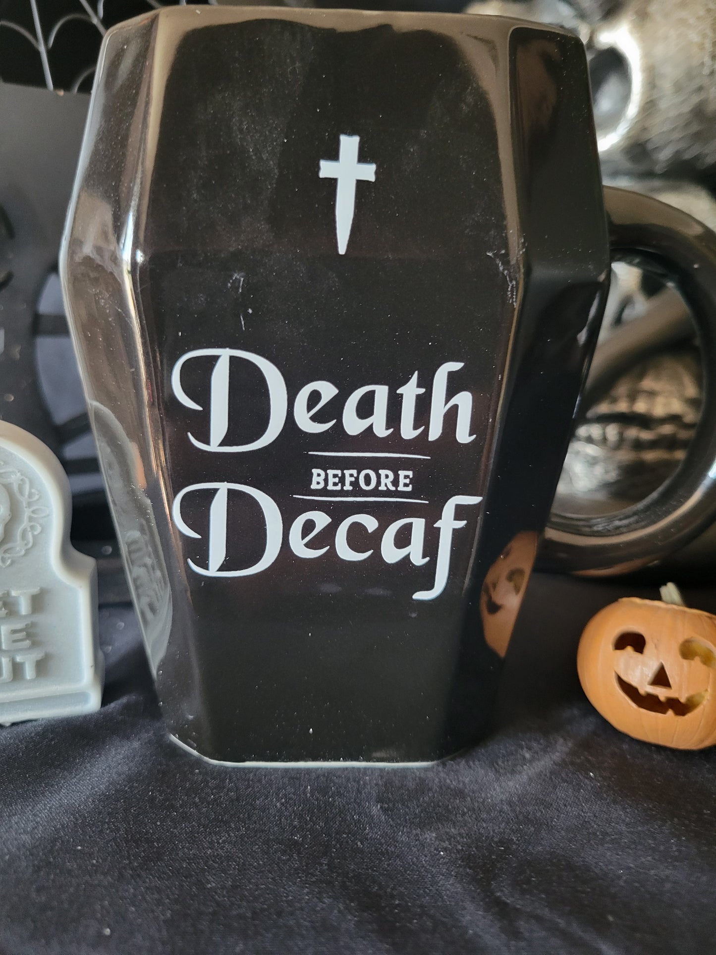 Death Before Decaf Coffin Mug